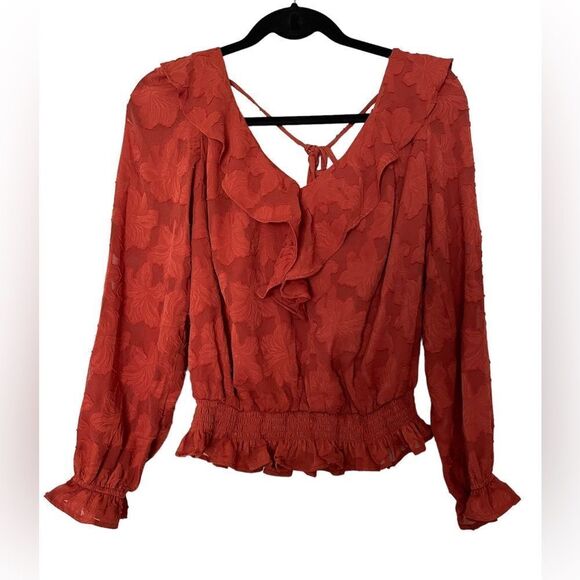 Anthropologie Textured Floral Blouse in Crimson Orange Size Small Open Back Boho - Picture 3 of 10
